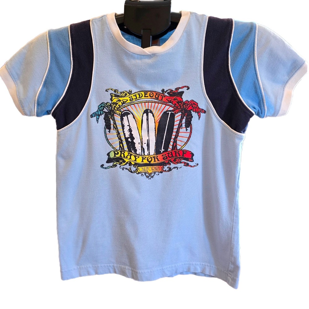 VTG Sideout Youth Shirt S Small Pray For Surf California Colorblock Ringer 90s